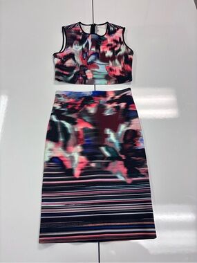 Clover Canyon Vibrant Abstract Crop Top & Skirt Set - Coral, Teal, Navy